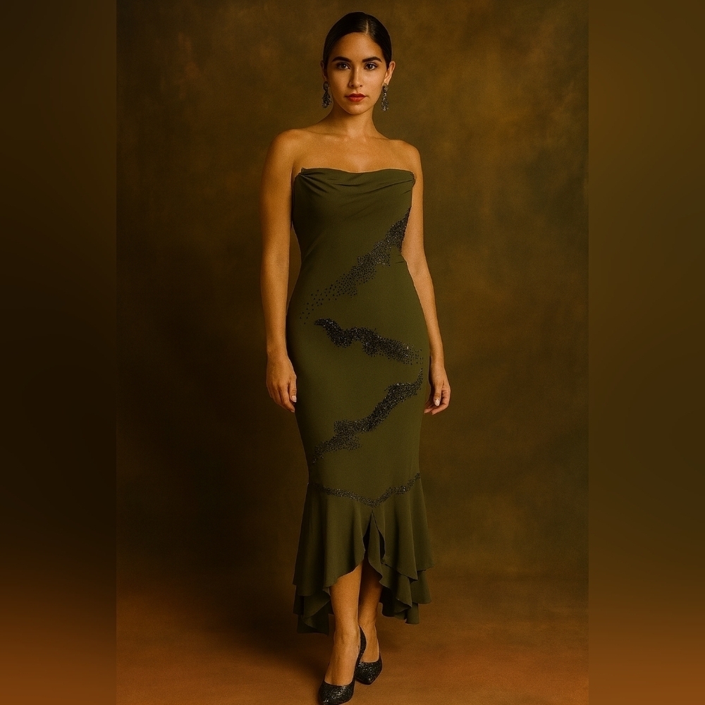 Stunning Black Maxi evening gown, with Beaded Detail, Ankle Length. Size 8